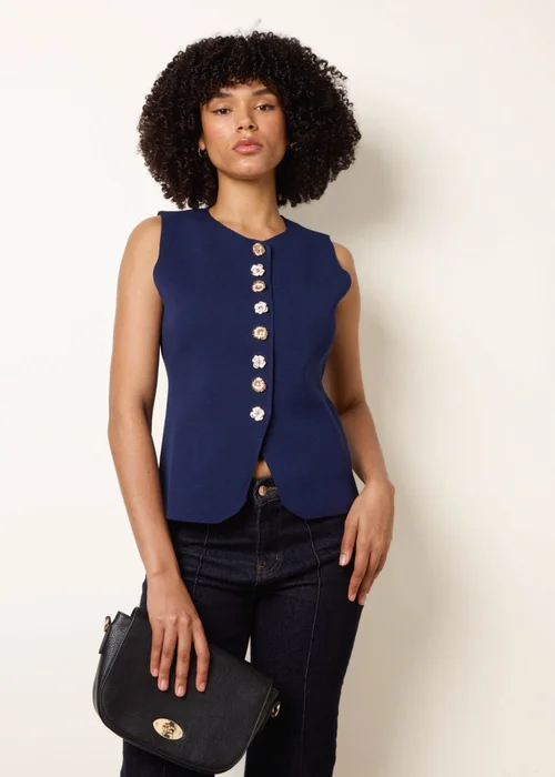 Blue Vanilla Navy Sleeveless Ribbed Button-Front Vest - M/L Image 1