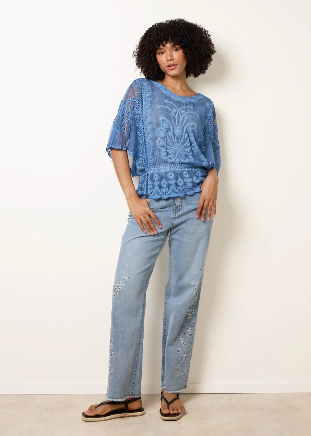 Blue Vanilla Blue Floral Lace Butterfly Sleeve Blouse - S/M Image 2