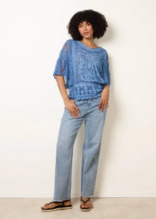 Blue Vanilla Blue Floral Lace Butterfly Sleeve Blouse - S/M Image 2