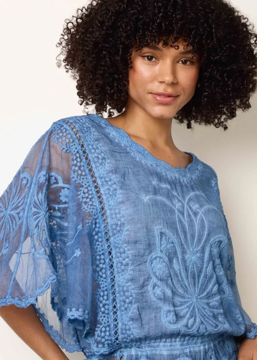 Blue Vanilla Blue Floral Lace Butterfly Sleeve Blouse - S/M Image 3