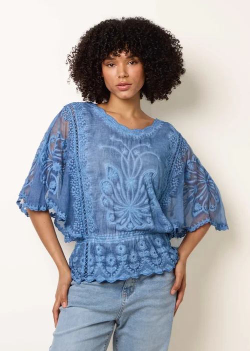 Blue Vanilla Blue Floral Lace Butterfly Sleeve Blouse - S/M Image 1