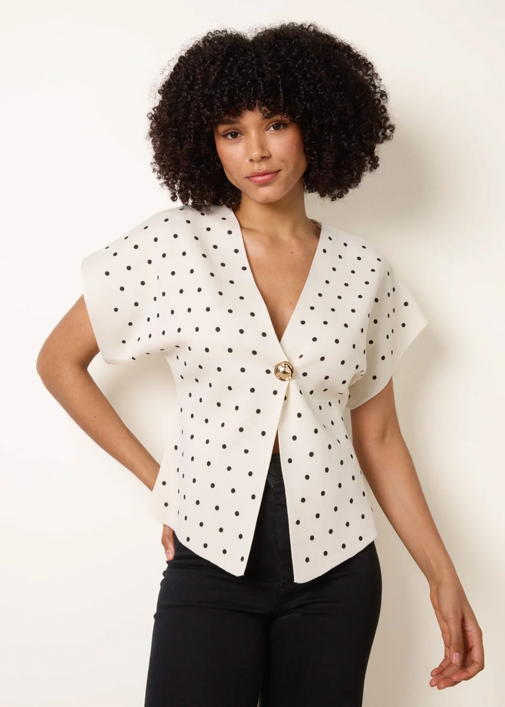 Blue Vanilla Ivory Polka Dot Short-Sleeve Knit Cardigan Top - S/M Image 3