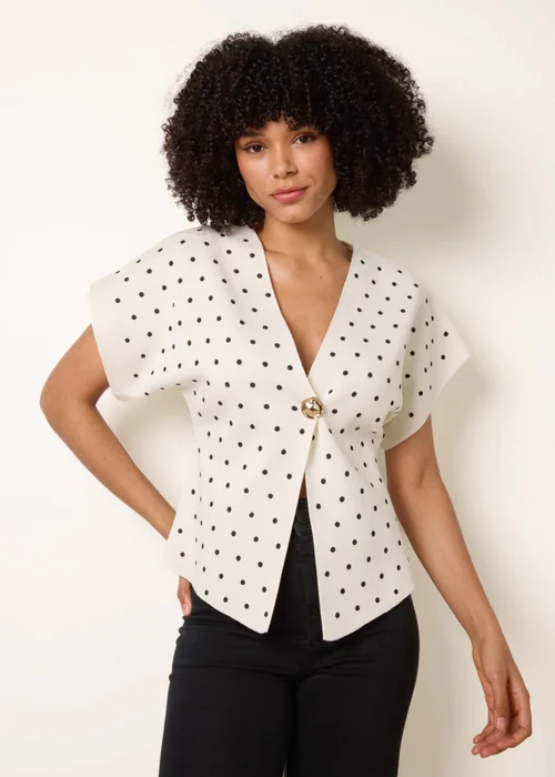 Blue Vanilla Ivory Polka Dot Short-Sleeve Knit Cardigan Top - S/M Image 3