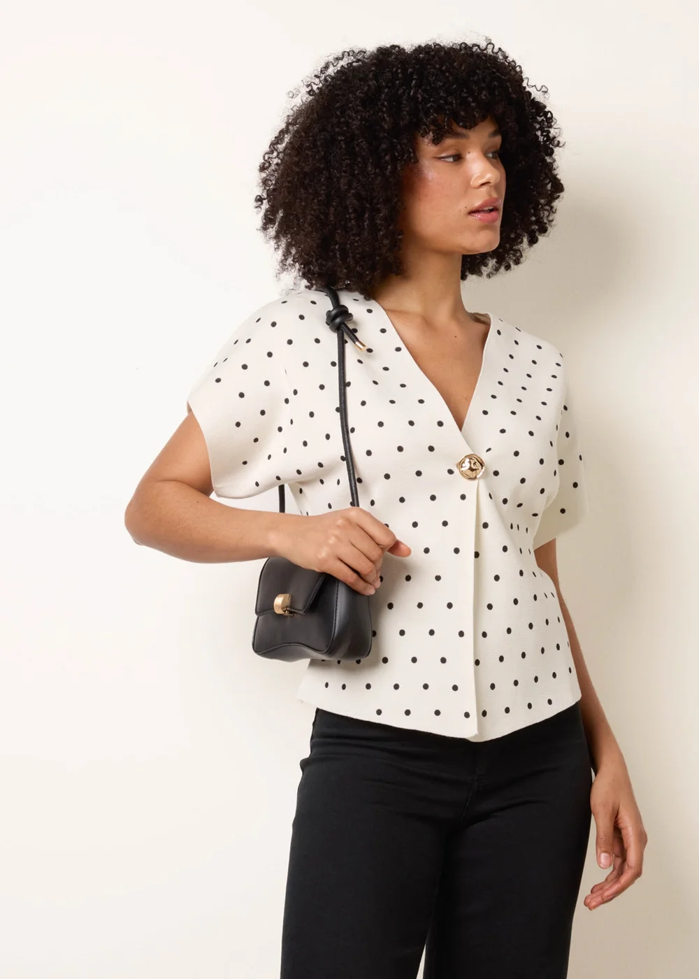 Blue Vanilla Ivory Polka Dot Short-Sleeve Knit Cardigan Top - S/M Image 1