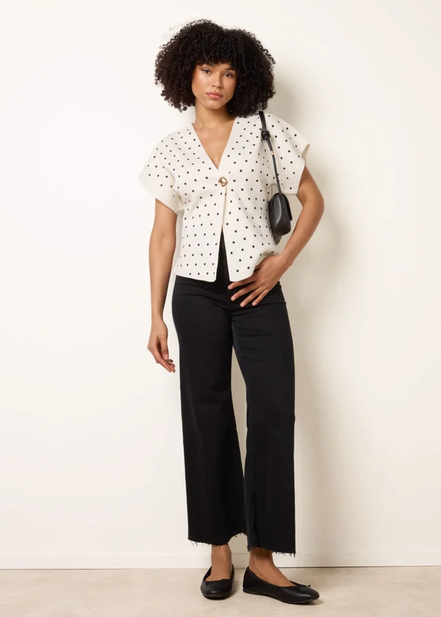 Blue Vanilla Ivory Polka Dot Short-Sleeve Knit Cardigan Top