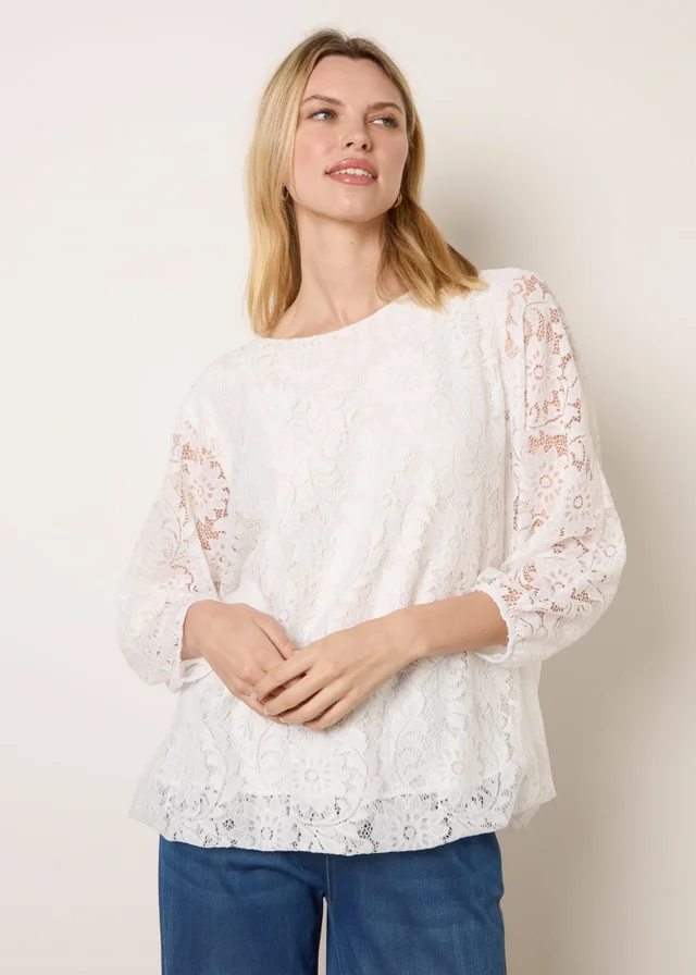 Blue Vanilla Ivory Lace Puffball Batwing Top