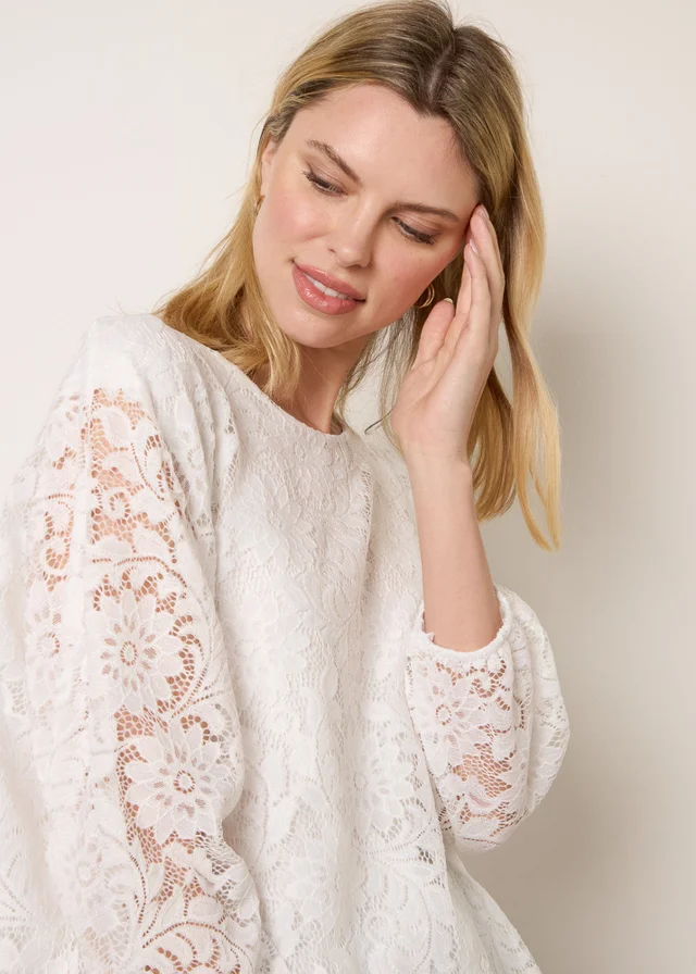 Blue Vanilla Ivory Lace Puffball Batwing Top
