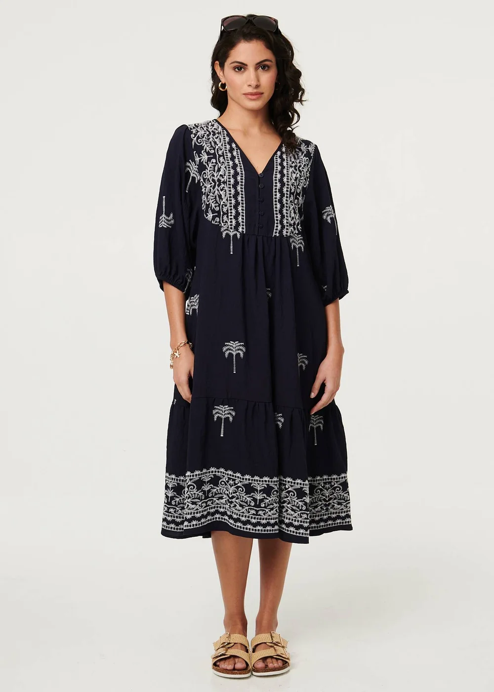 Izabel London Navy Border Print Relaxed V-Neck Midi Dress - 16 Image 1