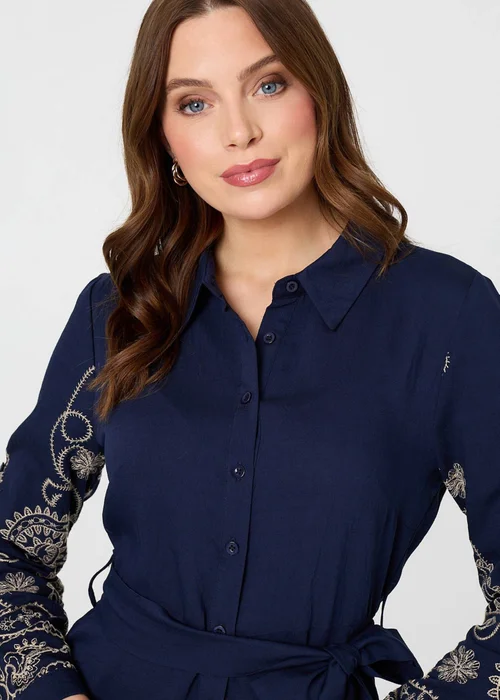 Izabel London Navy Embroidered Long Sleeve Shirt Midi Dress - 12 Image 3
