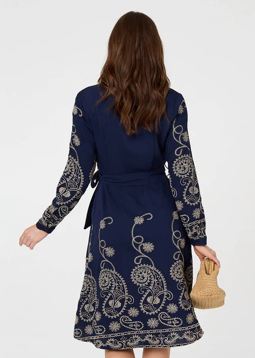 Izabel London Navy Embroidered Long Sleeve Shirt Midi Dress - 12 Image 2