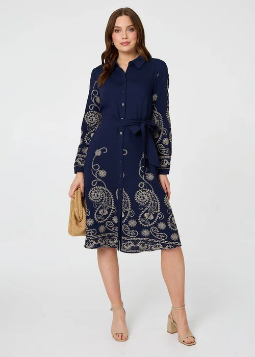 Izabel London Navy Embroidered Long Sleeve Shirt Midi Dress - 12 Image 4