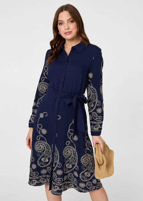 Izabel London Navy Embroidered Long Sleeve Shirt Midi Dress - 12 Image 1