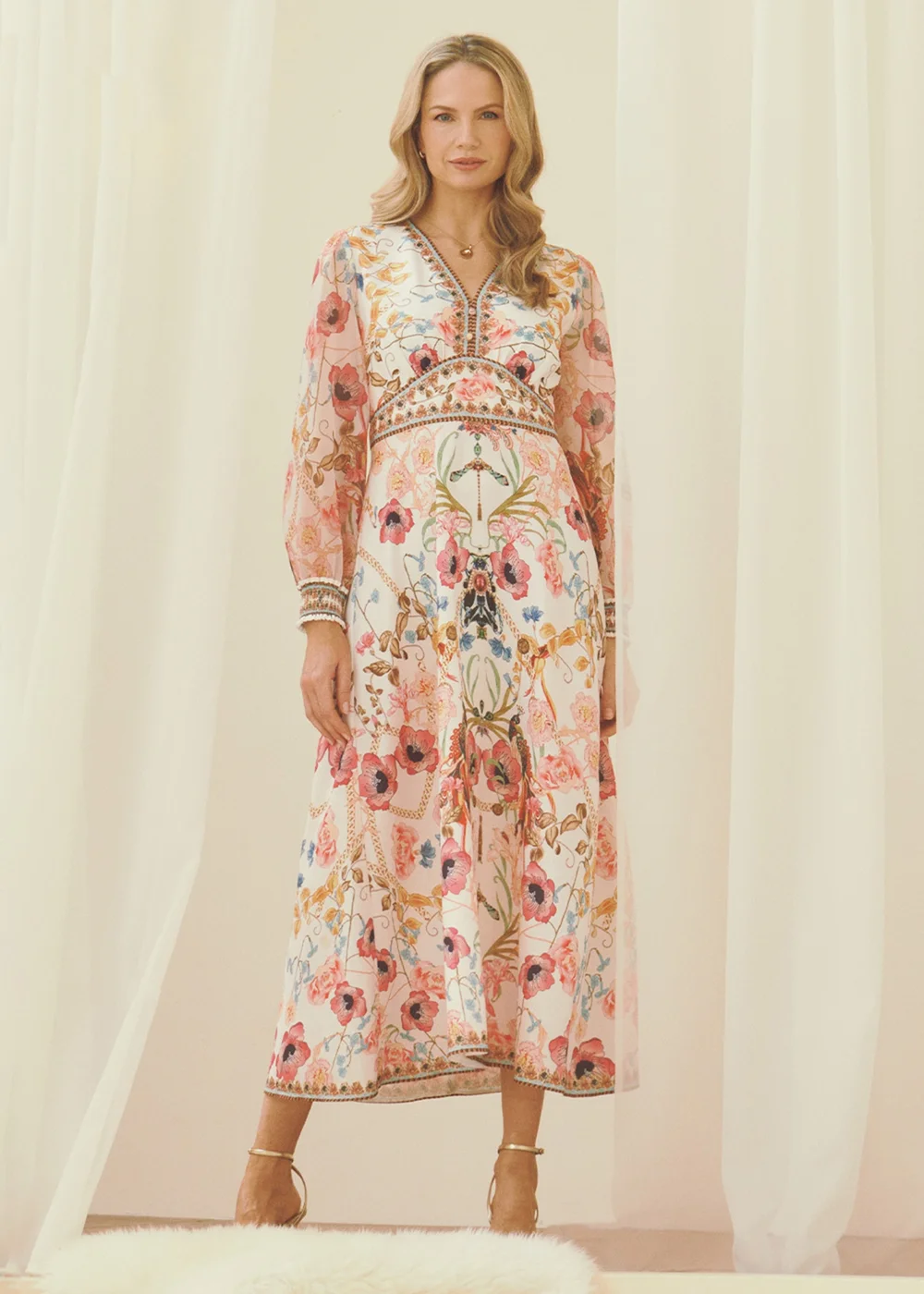 Izabel London Pink Floral Border Print V-Neck Maxi Dress - 8 Image 1
