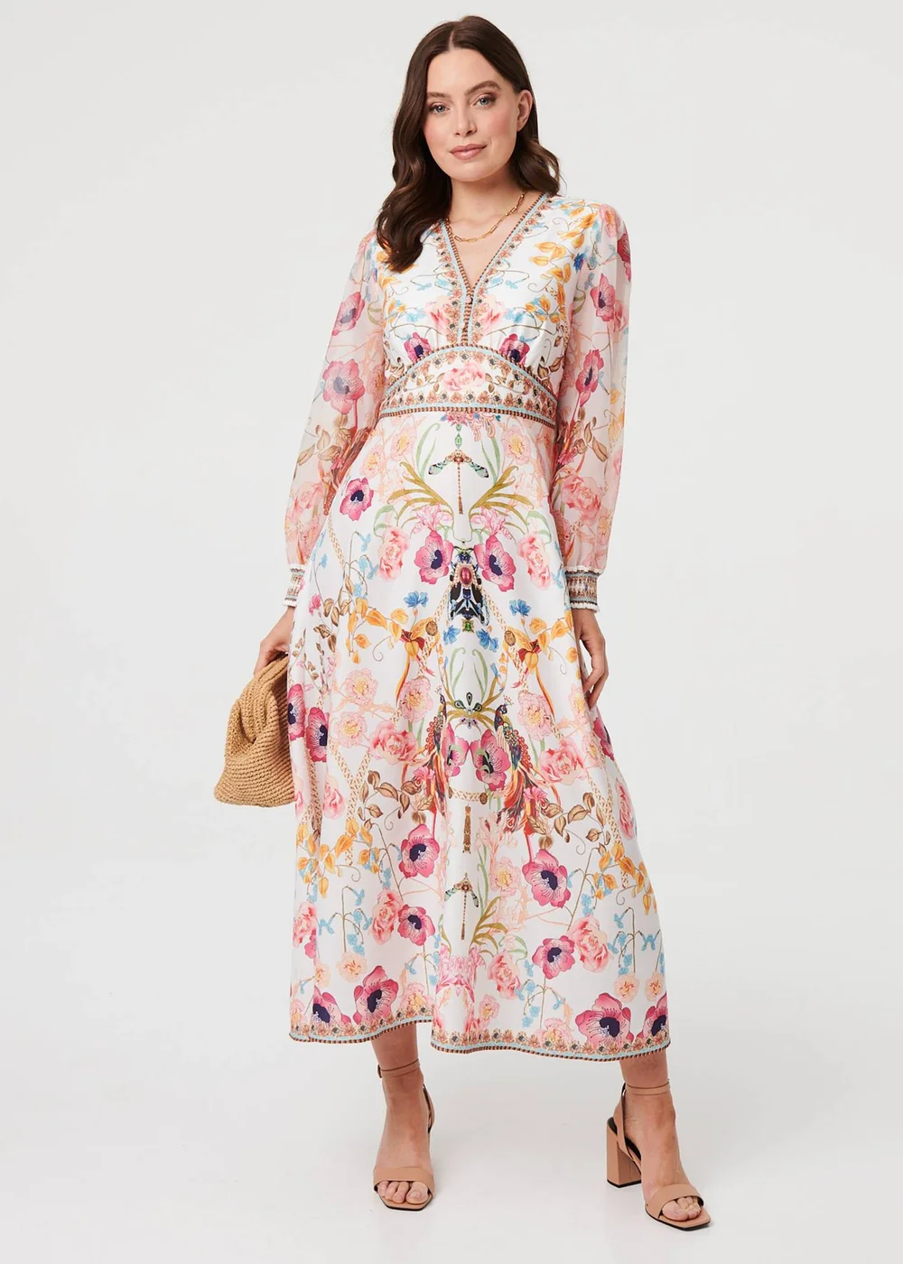 Izabel London Pink Floral Border Print V-Neck Maxi Dress - 8 Image 3