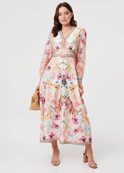 Izabel London Pink Floral Border Print V-Neck Maxi Dress - 8 Image 3