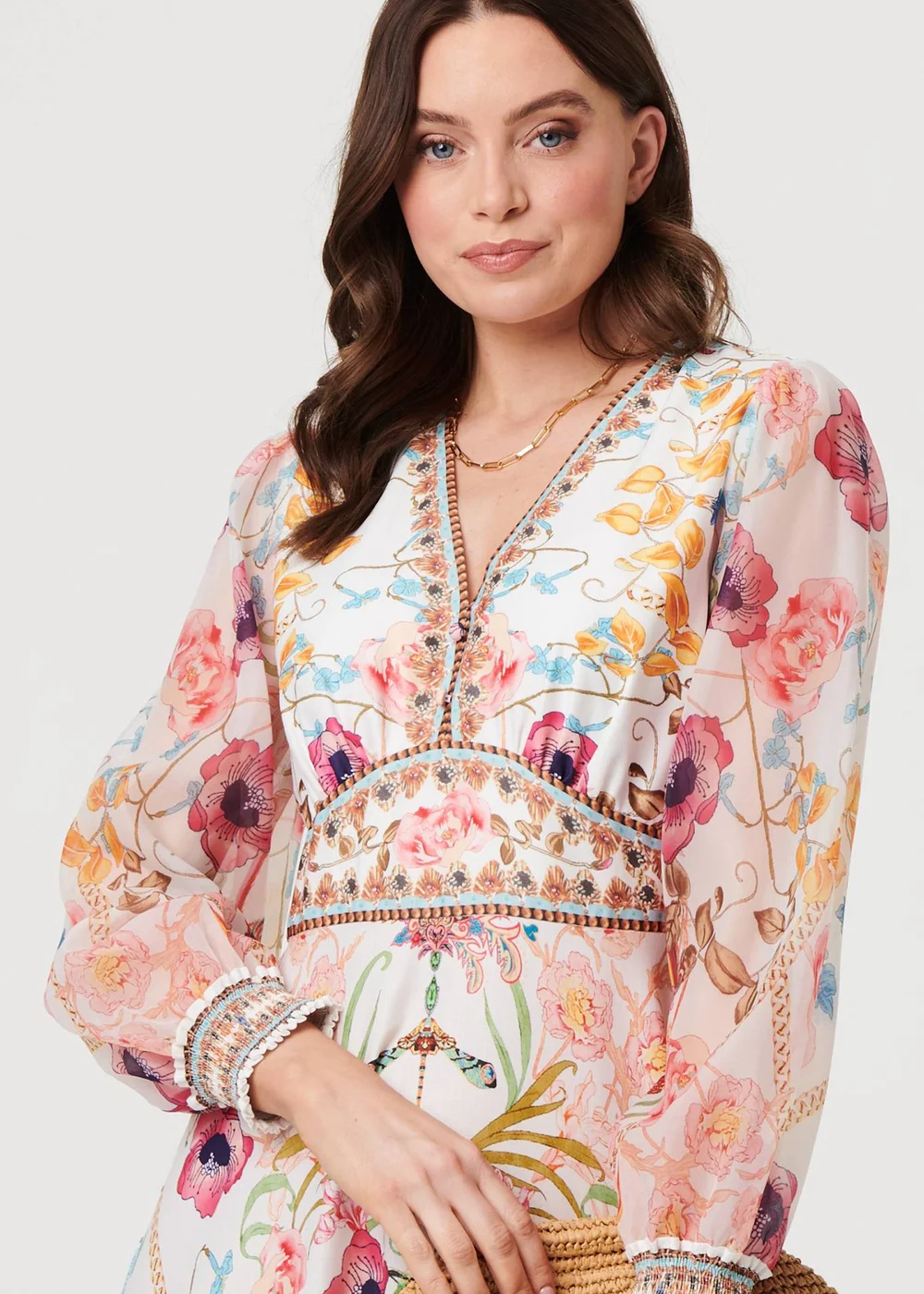 Izabel London Pink Floral Border Print V-Neck Maxi Dress - 8 Image 6