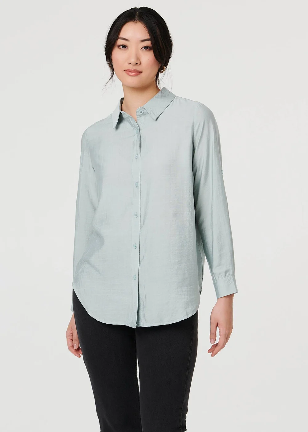 Izabel London Blue Button-Up Curve Hem Relaxed Shirt - 16 Image 1