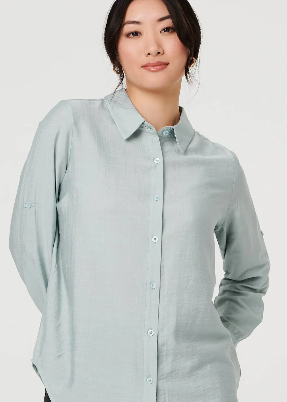 Izabel London Blue Button-Up Curve Hem Relaxed Shirt - 16 Image 3