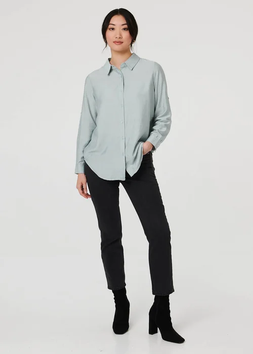 Izabel London Blue Button-Up Curve Hem Relaxed Shirt - 16 Image 4