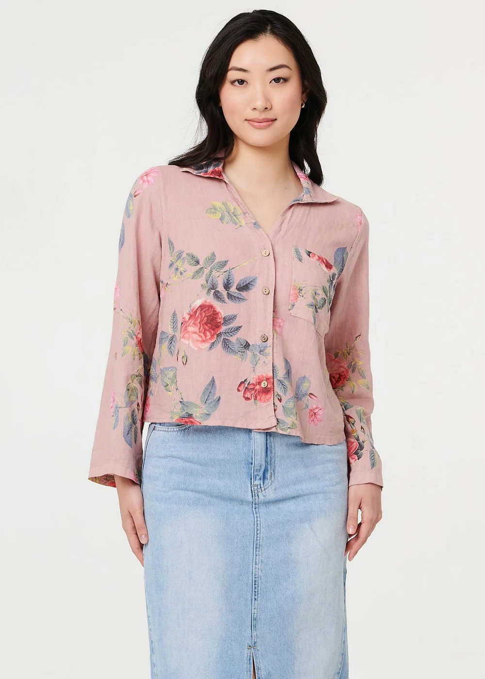 Izabel London Pink Floral 3/4 Turn-Up Sleeve Cropped Shirt - 16 Image 1