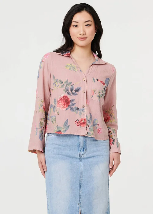 Izabel London Pink Floral 3/4 Turn-Up Sleeve Cropped Shirt - 16 Image 1