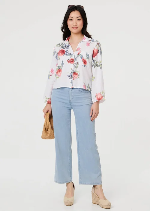 Izabel London White Floral 3/4 Turn-Up Sleeve Cropped Shirt - 10 Image 4