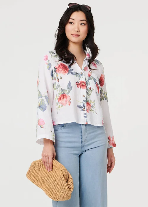 Izabel London White Floral 3/4 Turn-Up Sleeve Cropped Shirt - 10 Image 1