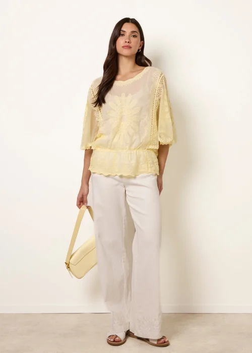 Blue Vanilla Yellow Sun Flower Lace Sleeve Blouse - S/M Image 1