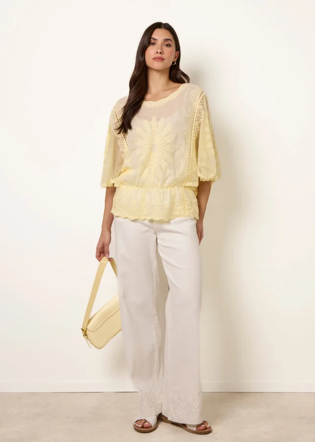 Blue Vanilla Yellow Sun Flower Lace Sleeve Blouse