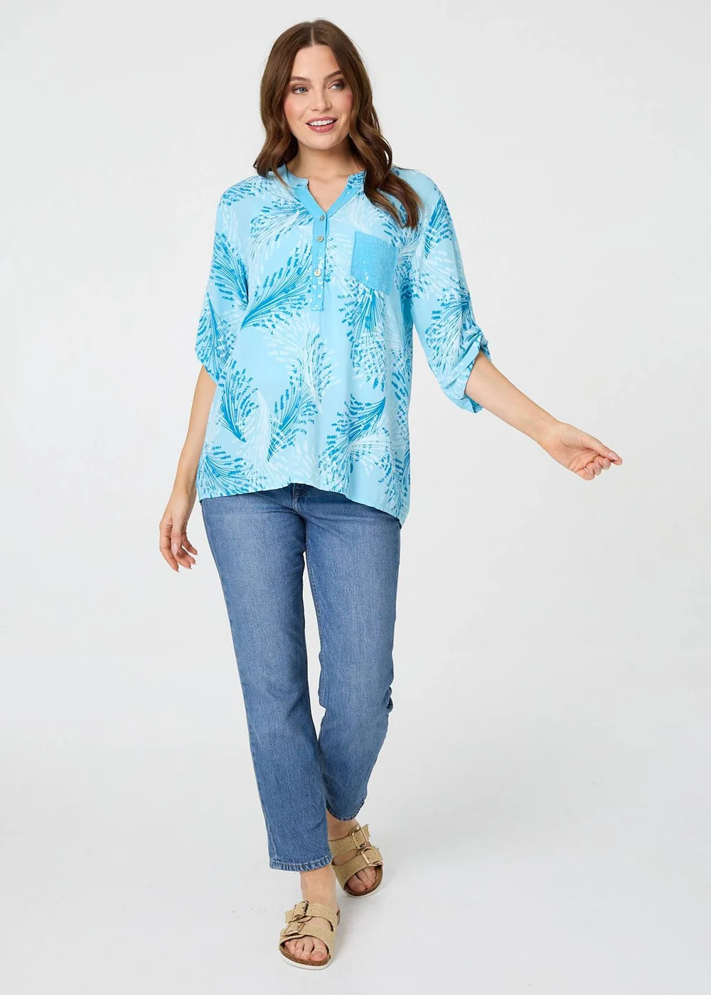Izabel London Blue Printed Sequin 3/4 Sleeve Relaxed Blouse - 14 Image 4
