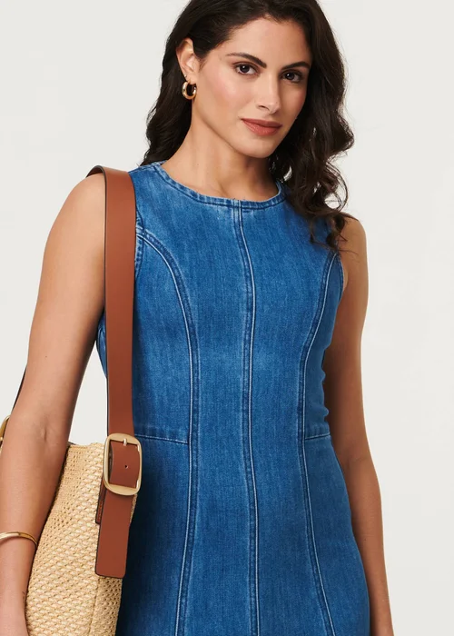 Izabel London Light Blue Denim Stitch Detail Fitted Midi Dress - S Image 3