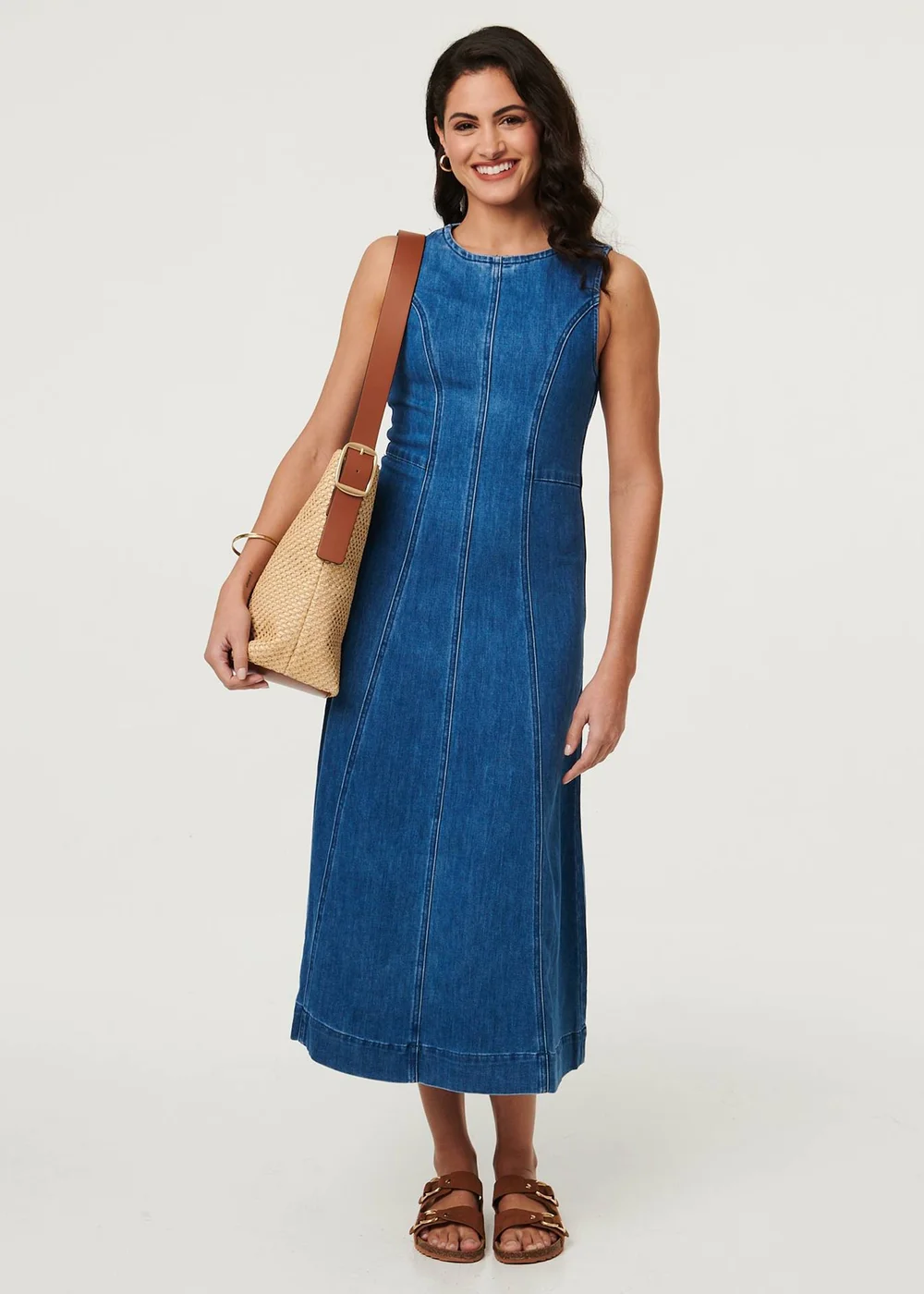 Izabel London Light Blue Denim Stitch Detail Fitted Midi Dress - S Image 1