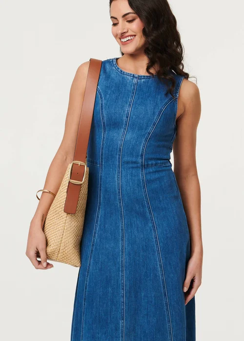 Izabel London Light Blue Denim Stitch Detail Fitted Midi Dress - S Image 4