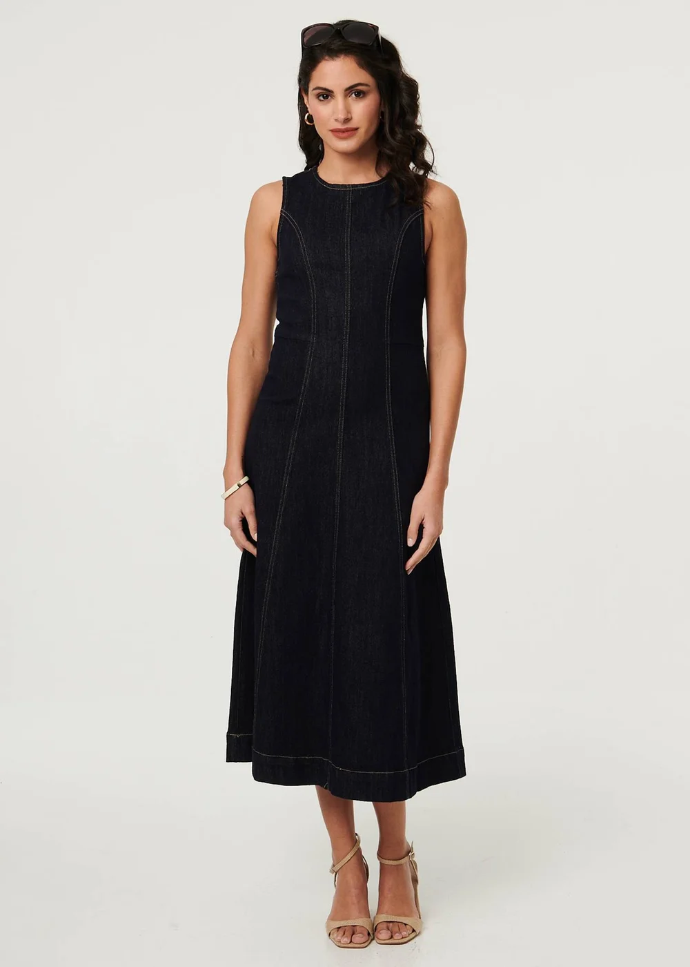Izabel London Navy Denim Stitch Detail Fitted Midi Dress - L Image 1