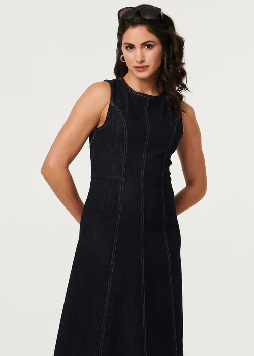 Izabel London Navy Denim Stitch Detail Fitted Midi Dress - L Image 4