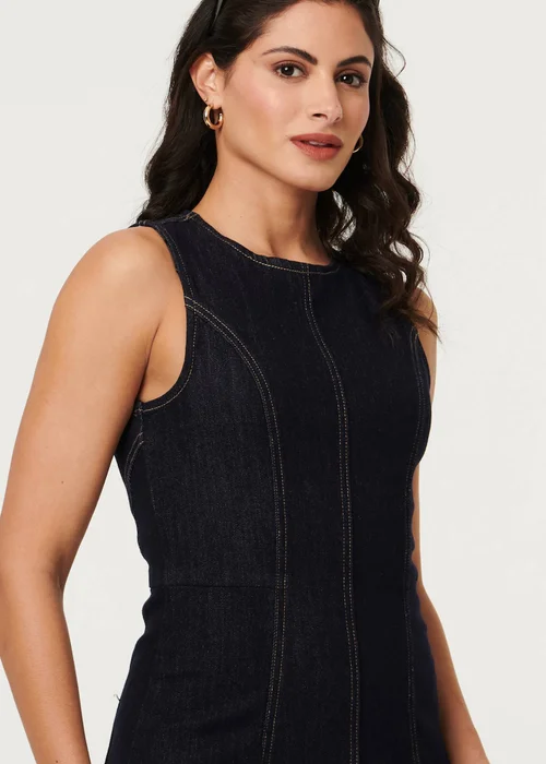 Izabel London Navy Denim Stitch Detail Fitted Midi Dress - L Image 3