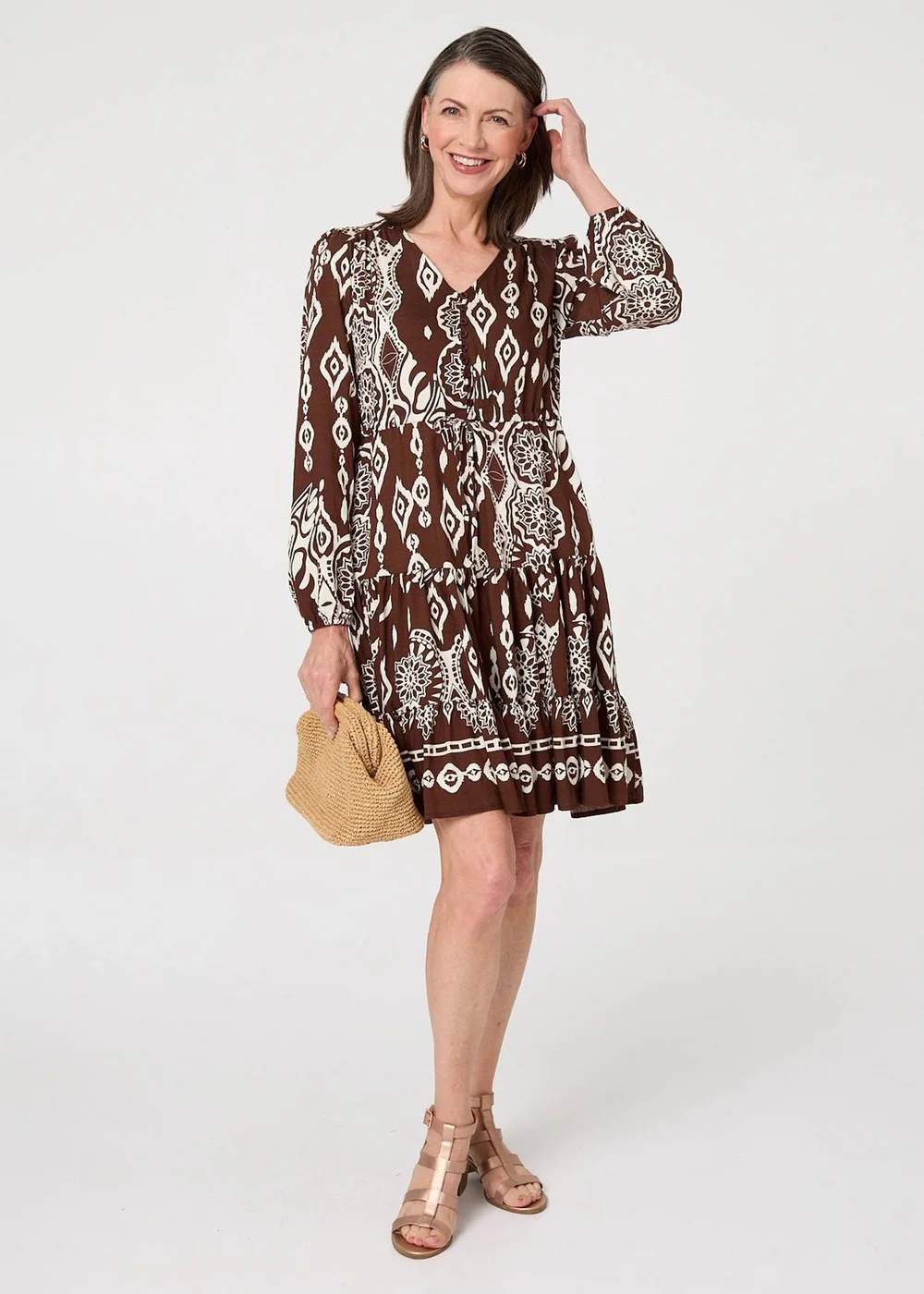 Izabel London Brown Printed Tiered V-Neck Knee Length Dress - 14 Image 1