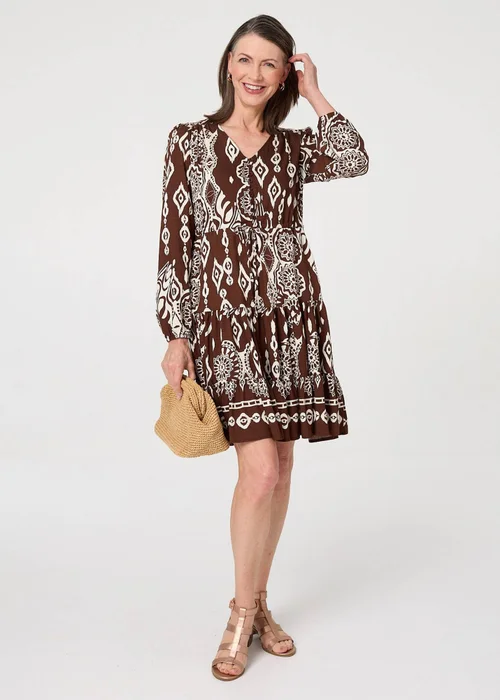 Izabel London Brown Printed Tiered V-Neck Knee Length Dress - 14 Image 1