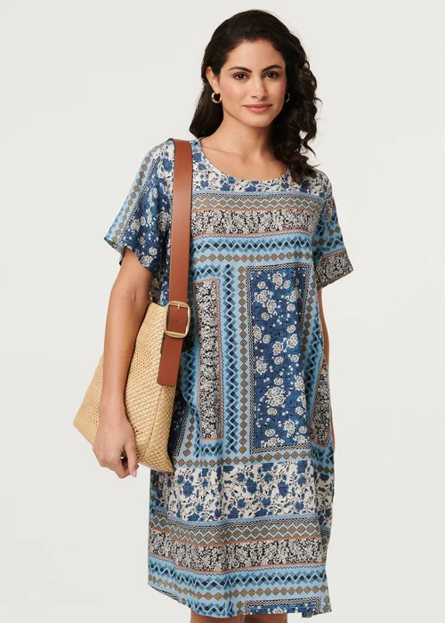 Izabel London Blue Mosaic Print Short Sleeve Shift Dress - S Image 1