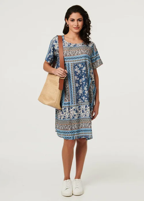 Izabel London Blue Mosaic Print Short Sleeve Shift Dress - S Image 4