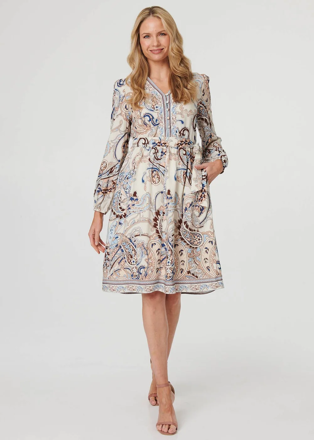 Izabel London Blue Abstract Tie Waist Knee Length Dress - 12 Image 1