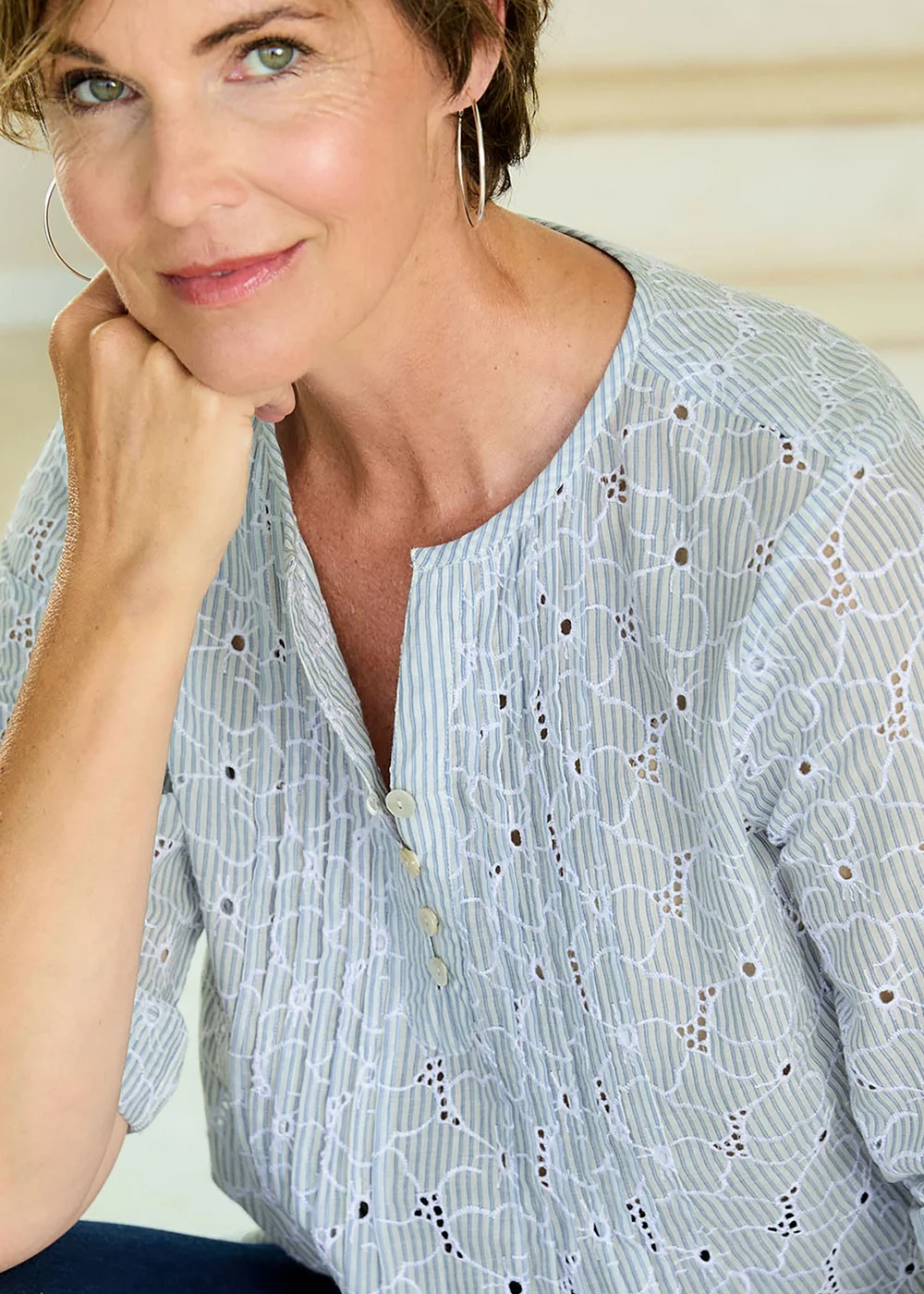 Cotton Traders Washed Blue Embroidered Pintuck Blouse - 14 Image 4