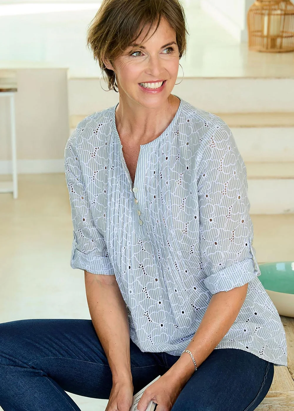 Cotton Traders Washed Blue Embroidered Pintuck Blouse - 14 Image 1