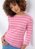 Cotton Traders Sugar Pink Wrinkle Free 3/4 Sleeve Boat Neck Stripe Top - 24 Image 1