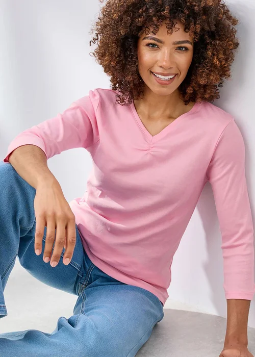 Cotton Traders Sugar Pink Wrinkle Free 3/4 Sleeve V Neck Ruched Top - 8 Image 1