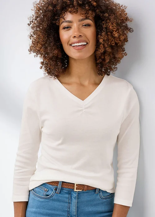 Cotton Traders Ivory Wrinkle Free 3/4 Sleeve V Neck Ruched Top - 10 Image 2