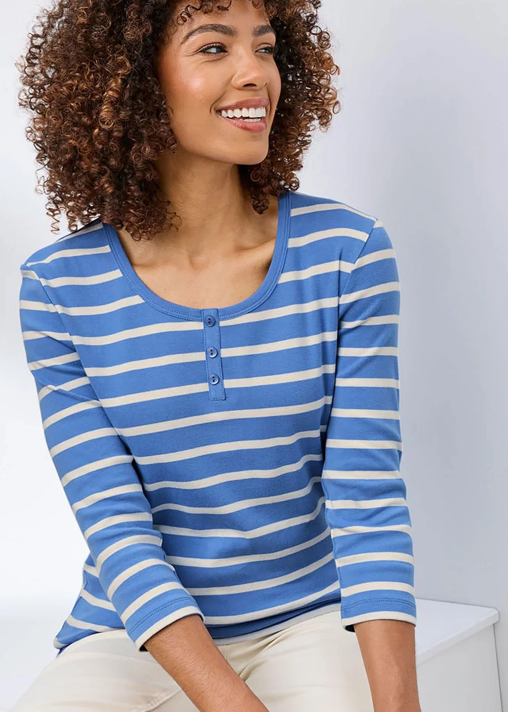 Cotton Traders French Blue Wrinkle Free 3/4 Sleeve Button Detail Stripe Top - 22 Image 1