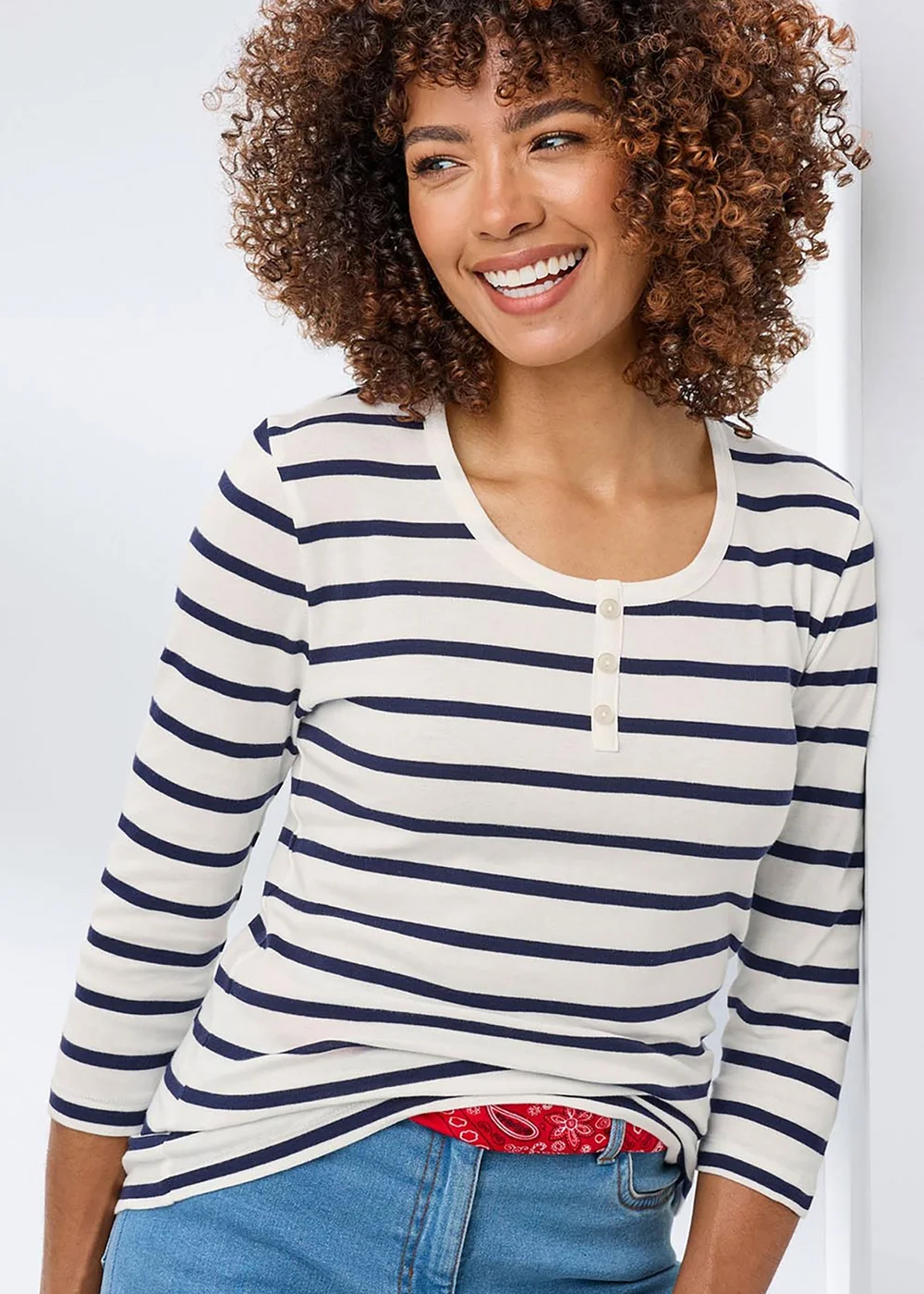 Cotton Traders Ivory Wrinkle Free 3/4 Sleeve Button Detail Stripe Top - 20 Image 1