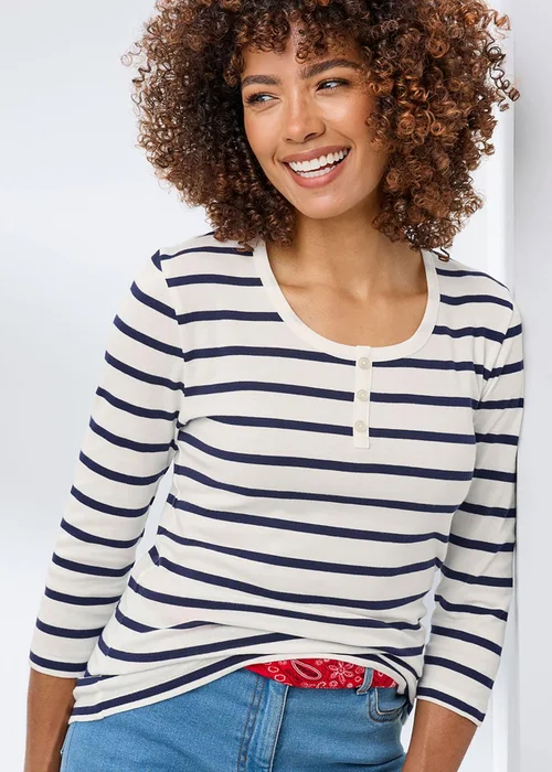 Cotton Traders Ivory Wrinkle Free 3/4 Sleeve Button Detail Stripe Top - 20 Image 1