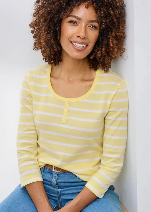 Cotton Traders Pale Yellow Wrinkle Free 3/4 Sleeve Button Detail Stripe Top - 18 Image 1